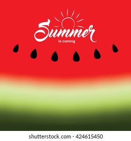 Summer is coming text on watermelon background. Vector illustration.