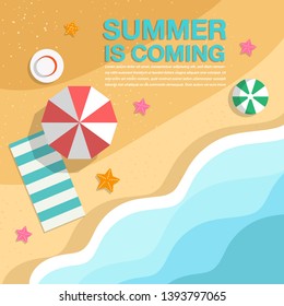 summer is coming Top view beach background with umbrellas,balls,hat,starfish and sea