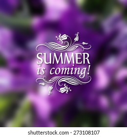 Summer is coming. Typographic design with text, filigree floral frame, shadow on blurred background for greeting card, poster. Vector illustration EPS 10.