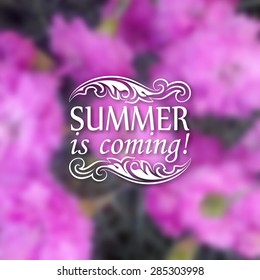Summer is coming. Typographic design with text, filigree floral frame, shadow on blurred background for greeting card, poster. Vector illustration EPS 10.