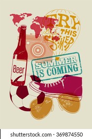 Summer is coming. Typographical retro grunge summer poster. Vector illustration.