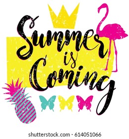 Summer is coming . Typography graphic print with flamingo, butterfly, crown. Abstract fashion drawing for t-shirts. creative design for girls. Illustration in modern style for clothes. Girlish print