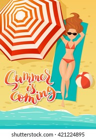 Summer is coming vector poster with young woman sunbathing. Summer hand lettering. Great for summer travel agency card or advertisement