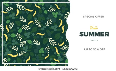 Summer commercial banner. Flowers, leaves and berries retro style background, cute vintage colors vector template