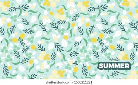 Summer commercial banner. Flowers, leaves and berries retro style background, cute vintage colors vector template