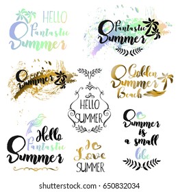 Summer, composed of a calligraphic set of vector elements. Collection of black, white, colored summer inscriptions. Design layout for media, maps, notes, fashion and congratulations. Stickers