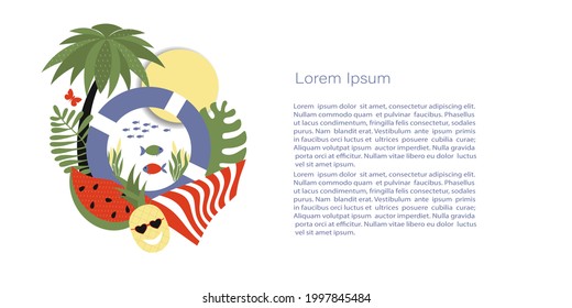 Summer composition  attributes - pineapple and watermelon, lifebuoy and palm tree. Vector Template with copy space for invitation, cards or banner and  poster, Landing Page 
