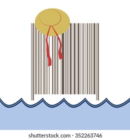 Summer composition with a bar code, which is used as a screen on which hangs a straw hat with a ribbon. At the bottom of the picture is stylized water where you can place text, for example. 