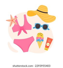 Summer composition with bikini, hat, ice cream for vacation. Beach female accessories. Flat colorful vector illustration