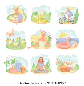 Summer Composition with Blooming Flower, Beach and Picnic Basket Vector Set