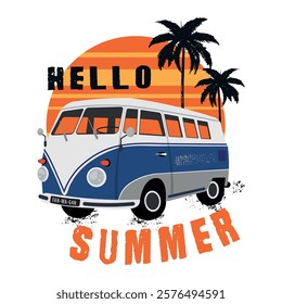 Summer composition blue retro bus on sunset background with palm trees, vector illustration