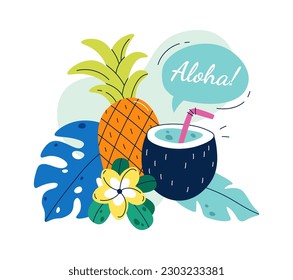 Summer composition Cocktail in coconut and pineapple. Vector illustration