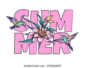 Summer composition with exotic flower and birds. Stylish image for printing on any surface