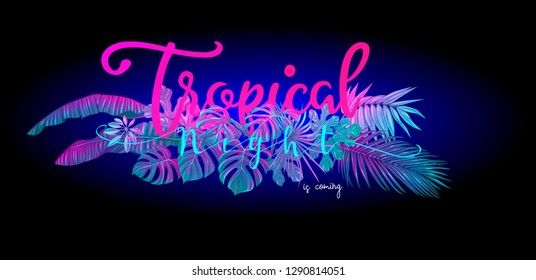 Summer composition. Exotic plants and palm leaves  in neon, fluorescent colors. Vector illustration.
