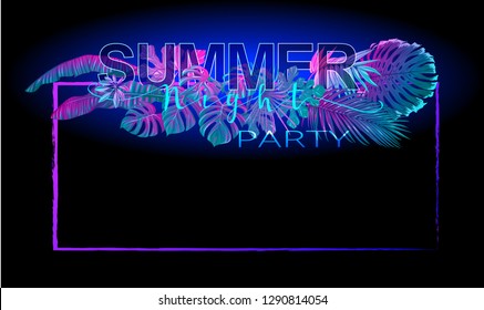 Summer composition. Exotic plants and palm leaves  in neon, fluorescent colors. Vector illustration.

