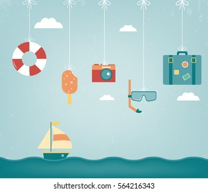 Summer composition with flat design icons. Summer background. Vector
