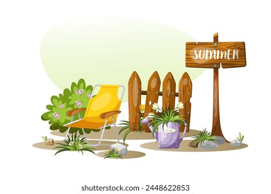 
Summer composition of flower beds with flowers plate vegetable garden. Freehand drawing, isolate on a white background, vector.