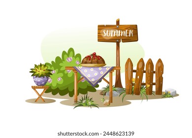 
Summer composition of flower beds with flowers plate vegetable garden. Freehand drawing, isolate on a white background, vector.