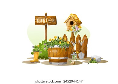 
Summer composition of flower beds with flowers plate vegetable garden. Freehand drawing, isolate on a white background, vector.