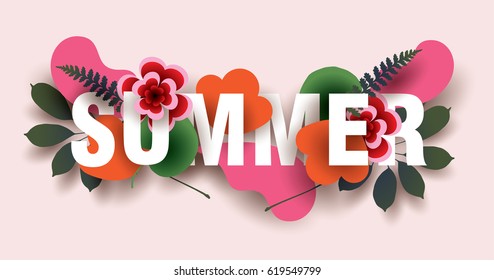 SUMMER. Composition with flowers, leaves and abstract elements. Design for your poster, banner, flyer. Vector.