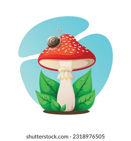 Summer composition with fly agaric, snail and leaves - bright vector illustration in cartoon style