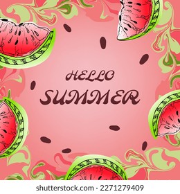 Banner web "Hola, verano". Composición veraniega con rodajas de sandía a mano y una inscripción.Ilustración vectorial.