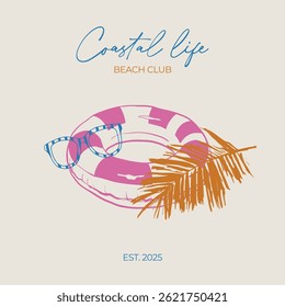 Summer composition with inflatable ring, palm leaf, sunglasses vector whimsical illustration. Whimsy summer beach clip art composition.
