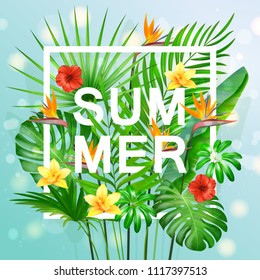 Summer Composition with Leaves and Flowers of Tropical Exotic Plants for Party or Wedding Invitation, Flyer or Travel Advertising.