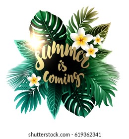 Summer Composition with Leaves and Flowers of Tropical Exotic Plants for Party or Wedding Invitation, Flyer or Travel Advertising.