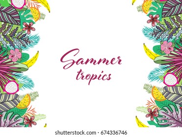 Summer Composition with Leaves and Flowers of Tropical Exotic Plants. Wedding invitation or card design with exotic tropical flowers and leaves on isolated background