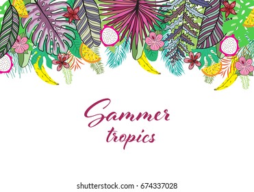 Summer Composition with Leaves and Flowers of Tropical Exotic Plants. Wedding invitation or card design with exotic tropical flowers and leaves on isolated background