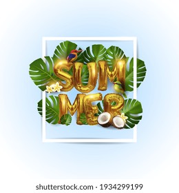 Composición veraniega de las letras 3d de oro metálico Fondo con plantas tropicales realistas, aves, cocos y flores. Ilustración del vector para su diseño