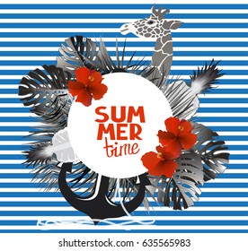 Summer composition  with monochrome palm leaves,red flowers, pineapple and giraffe head on the striped background. Vector illustration