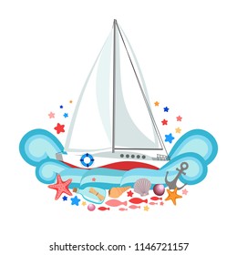 Summer composition with nautical marine objects sea waves, ocean splash, message in bottle, fishes, starfish, light arrangement for banner, print, post card, clothes, surface, web design template.