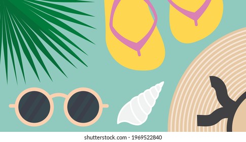 Summer Composition, Palm Leaf, Straw Hat, Sunglasses, Flip Flops And Sea Shell- Vector Illustration