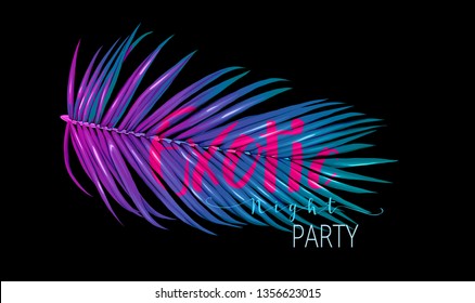 Summer composition. Palm leaves  with exotic in neon, fluorescent colors. Vector illustration.
