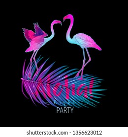 Summer composition. Palm leaves  with flamingo in neon, fluorescent colors. Vector illustration.
