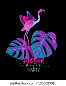 Summer composition. Palm leaves  with flamingo in neon, fluorescent colors. Vector illustration.
