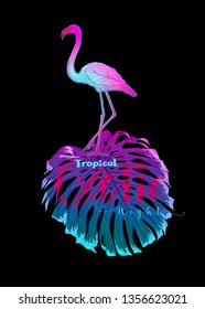 Summer composition. Palm leaves  with flamingo in neon, fluorescent colors. Vector illustration.
