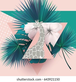 Summer composition  with  palm leaves, flowers, giraffe and triangles. Vector illustration