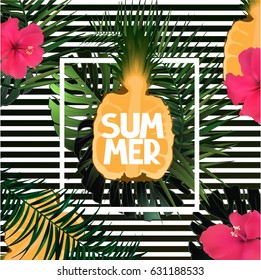 Summer composition  with  palm leaves, pink flowers and pineapples. Vector illustration