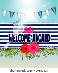 Summer composition with palm trees and hibiscus flowers and nautical style fabric on the background. Vector illustration