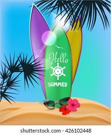 Summer composition with palm trees and surfboards on the beach