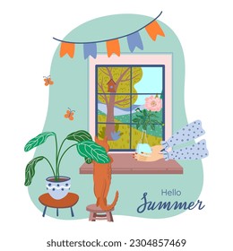 Summer composition with panoramic window and country landscape. Windowsill, cat, flowers, tree and grass. Hygge interior room. Flat vector illustration.