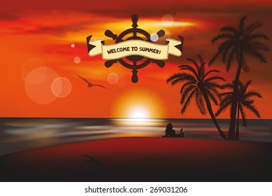 Summer composition with sunset landscape palm trees and girl silhouettes