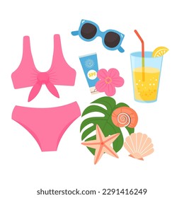 Summer composition with swimsuit, tropical leaves and seashell. Beach vacation female accessories. Flat colorful vector illustration