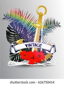 Summer composition  with  tropical leaves, red flowers and rainbow ray . Vector illustration