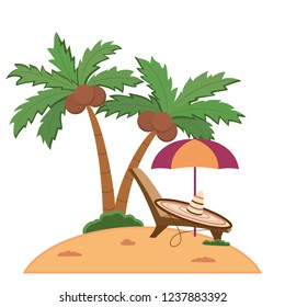 Summer composition. Vector illustration of an island with palm-trees on it. Colorful sombrero and comfortable chaise-long