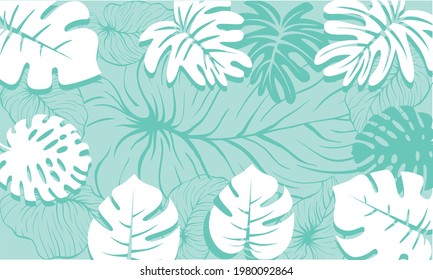Summer composition. White palm leaves on mint background. Summer concept. Exotic feather plumage vector seamless pattern. Cute fashion print.