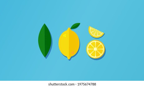 Summer composition of yellow lemon slice on a bright blue background. Minimal concept.Vector illustration.